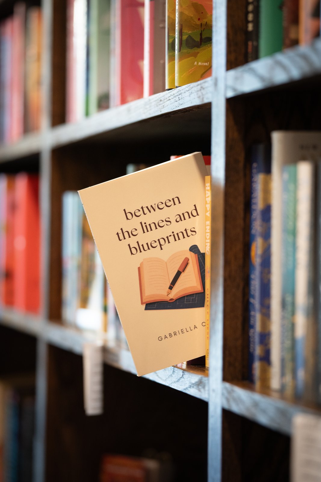 Between the Lines and Blueprints standing on a white bookshelf among other books