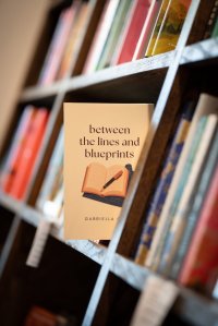 Between the Lines and Blueprints on a bookshelf among other books