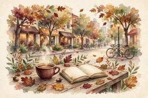 Illustrated outdoor cafe table with coffee and a book on an autumn street