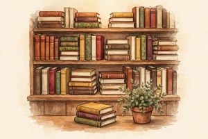 Illustrated wooden bookshelf filled with books
