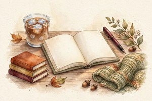 Illustrated open notebook with a pen, iced coffee, books, and a cozy blanket