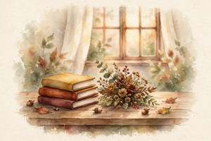 Illustrated stack of books with autumn flowers