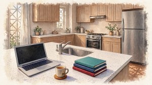 Illustrated kitchen of Maeve's apartment, with a laptop, notebooks, and a mug of tea.