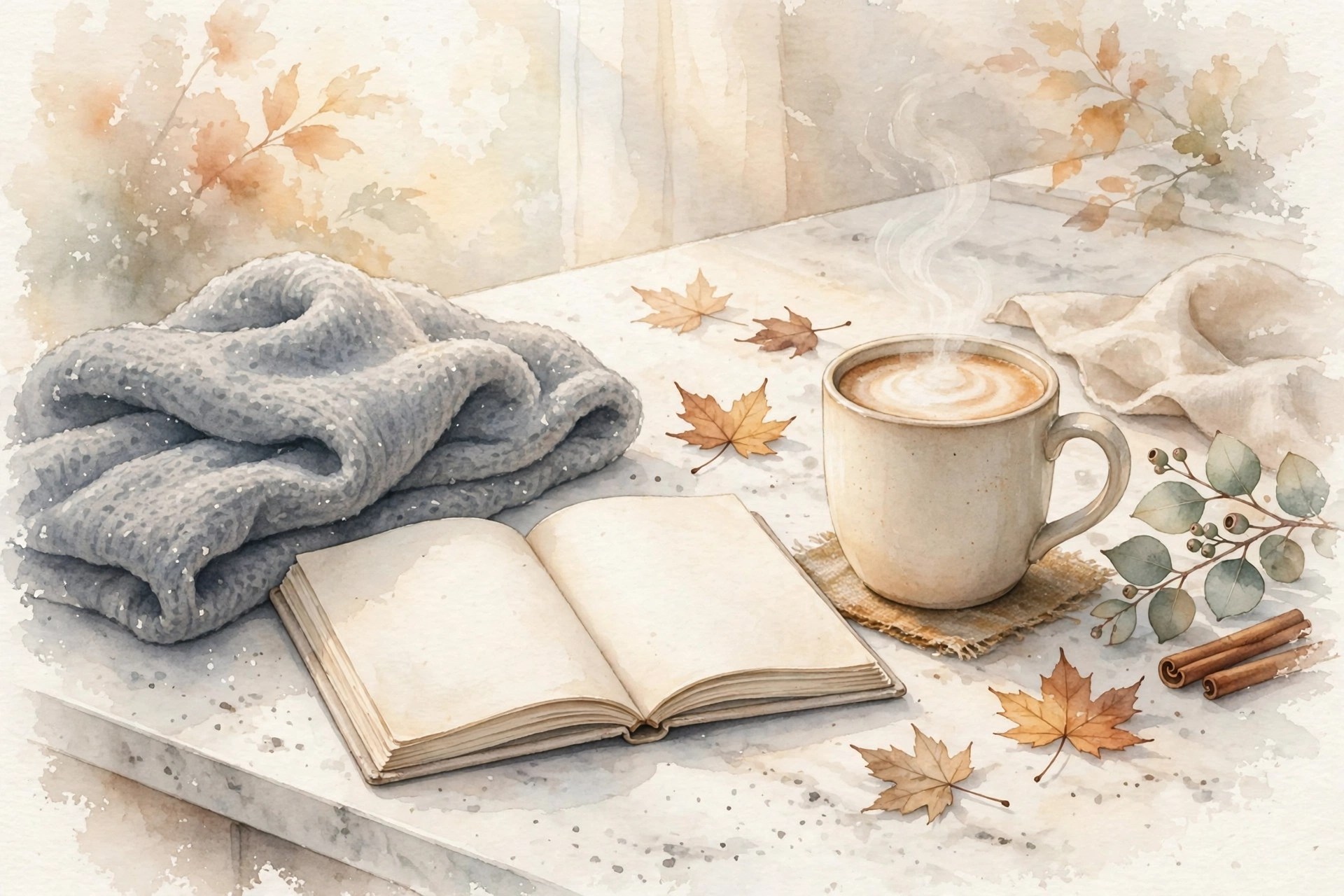 Illustrated cozy morning scene with a gray sweater, open notebook, and warm mug of London Fog on a marble desk
