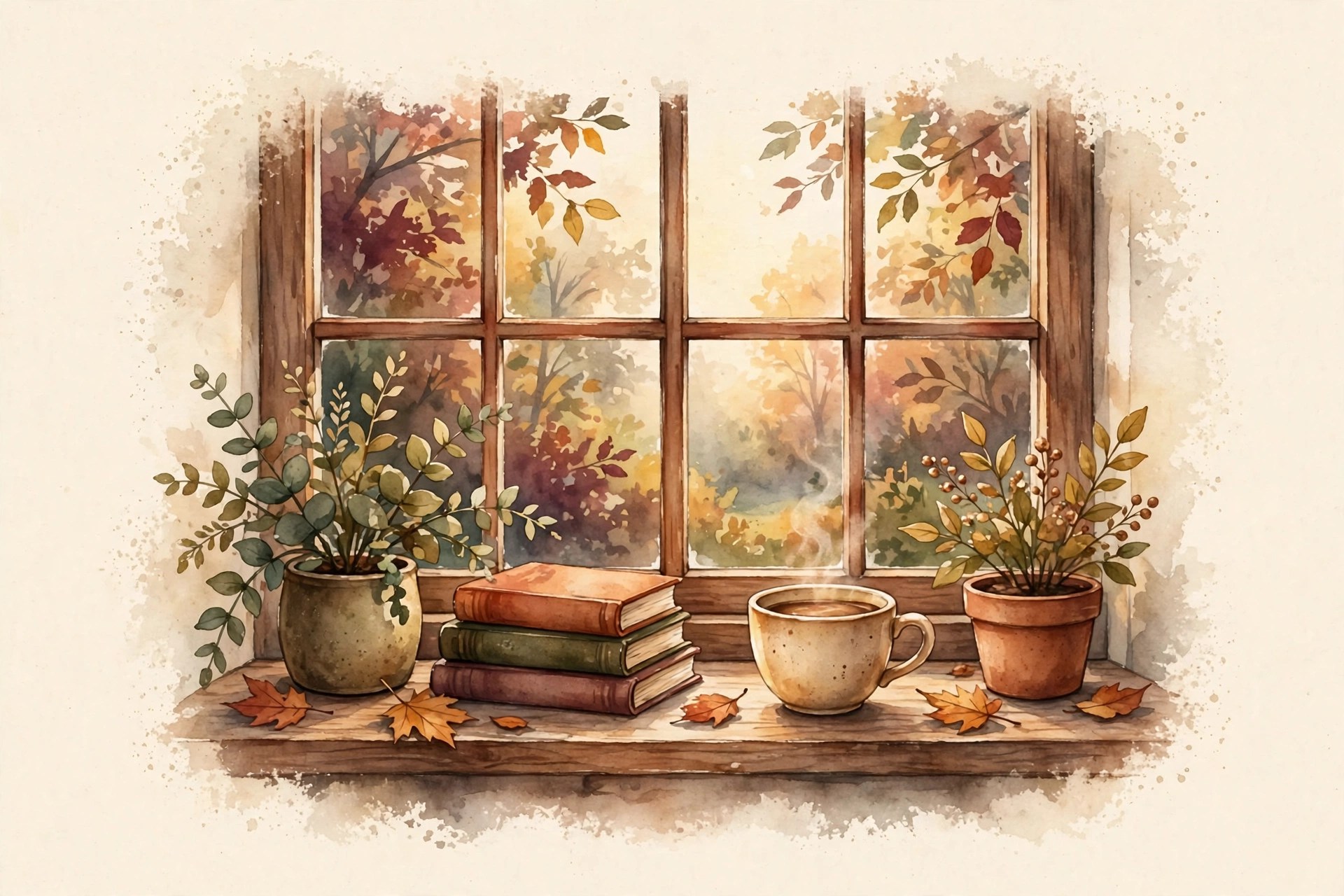 Illustrated cozy autumn window with a stack of books, a cup of coffee, and plants