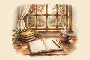 Illustrated writing desk with an open notebook, pen, coffee, and books