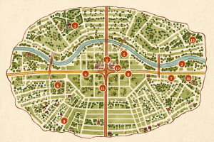 Illustrated map of Austin with 13 numbered places from Between the Lines and Blueprints