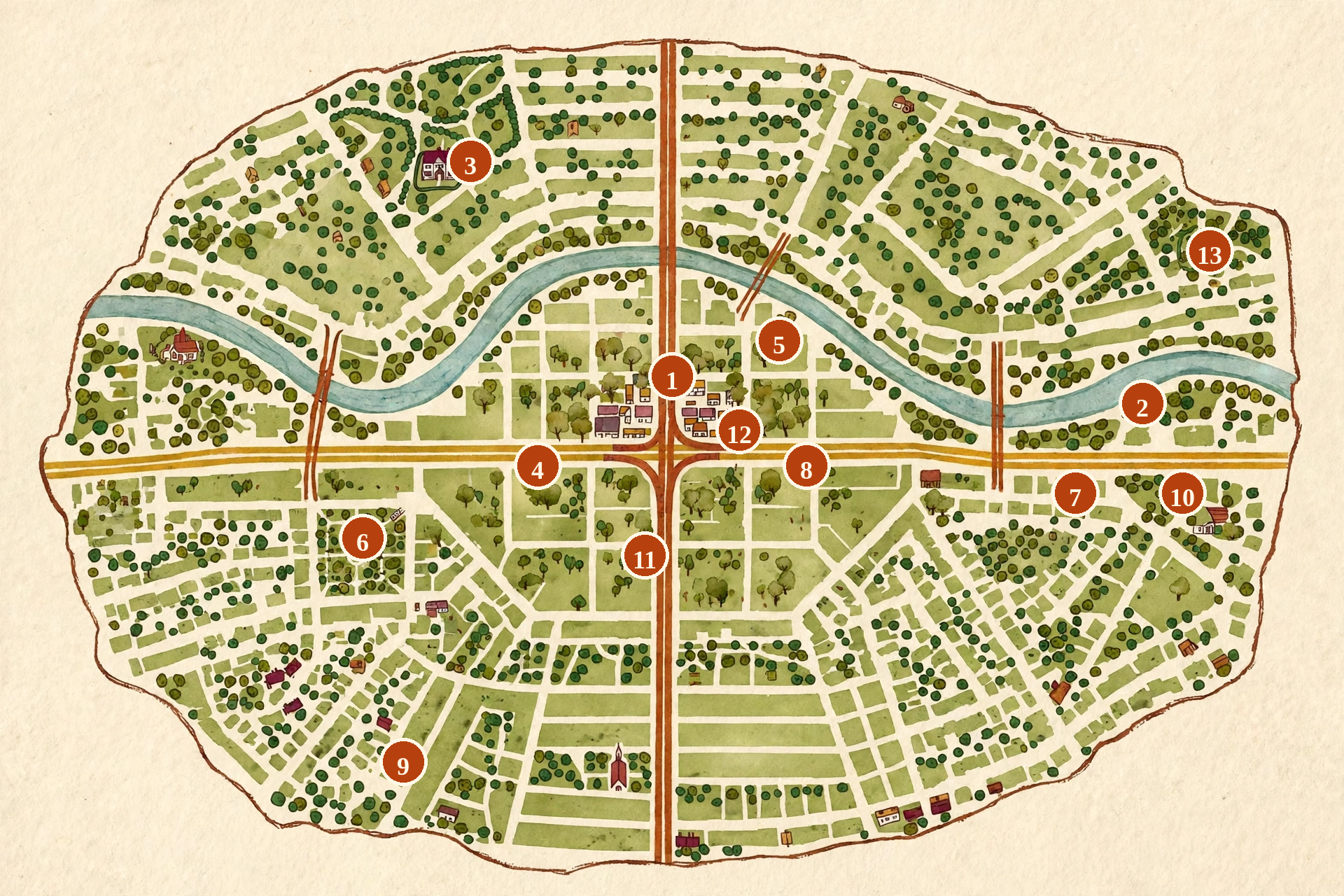 Illustrated map of Austin with 13 numbered places from Between the Lines and Blueprints